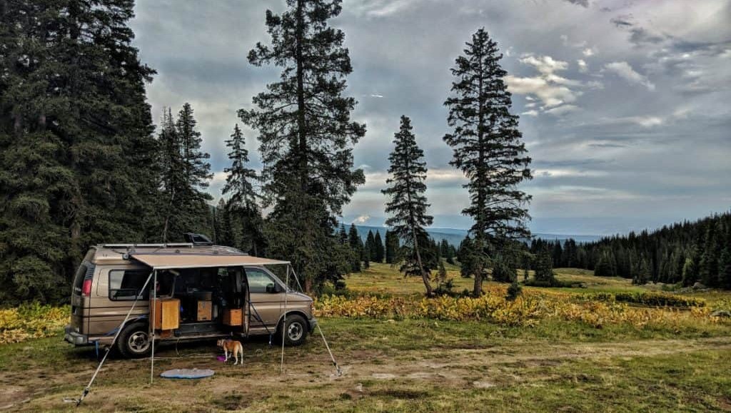 van home set up in a desolate forest